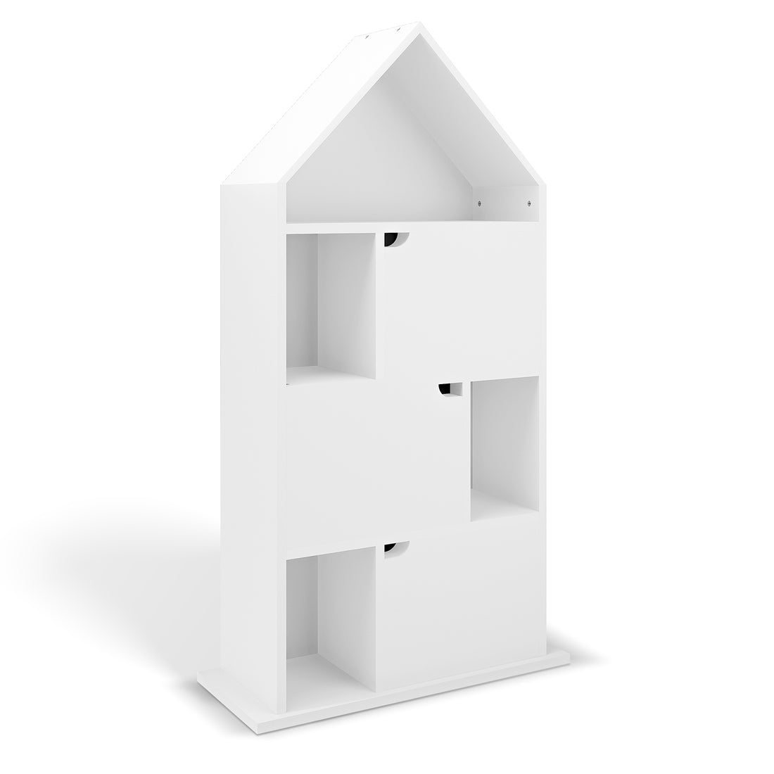 Quinta Bookshelf with Cabinet White: A house-shaped, white-painted wood storage unit with three tiers of cubby compartments, including four open shelves and three cabinets with doors, ideal for organizing children's rooms.
