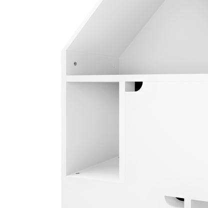 Quinta Bookshelf with Cabinet White features a house-shaped design with a peaked roof, open cubby, and a larger compartment with a cut-out handle, showcasing modular furniture elements.