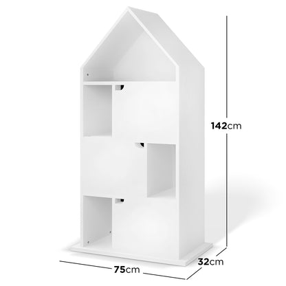 Quinta Bookshelf with Cabinet White, a house-shaped storage unit with multiple cubby compartments, some with sliding panels, featuring a roof-like top, suitable for organizing children's spaces.