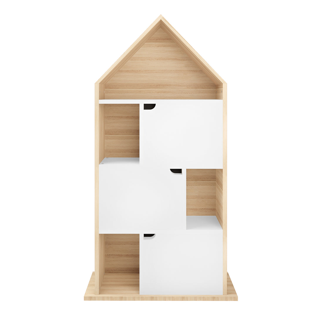 Quinta Bookshelf with Cabinet White & Natural, a freestanding house-shaped unit with light wood, A-frame roof, cubby compartments, sliding white doors with black finger-pull cutouts, and empty shelves.
