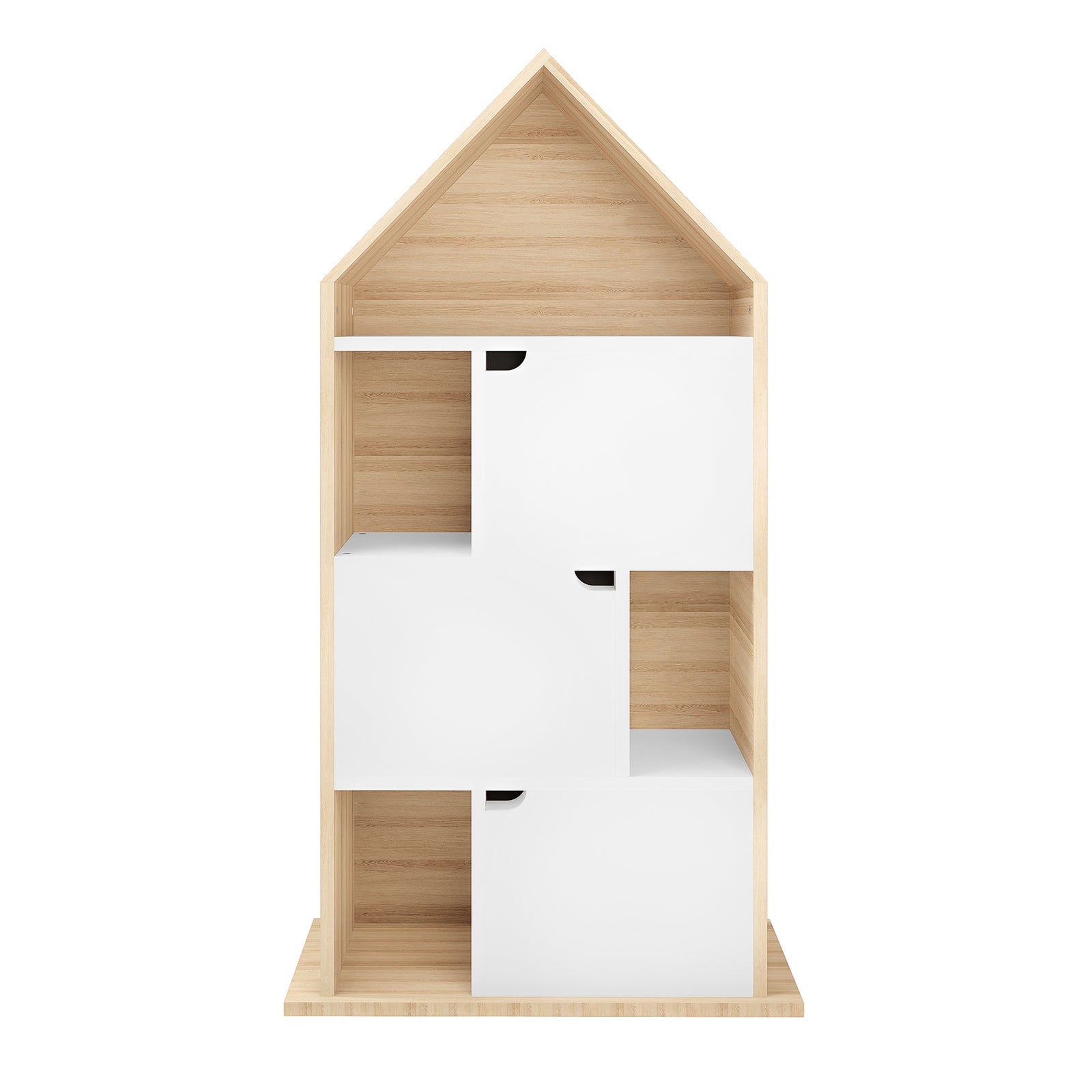 Quinta Bookshelf with Cabinet White & Natural, a freestanding house-shaped unit with light wood, A-frame roof, cubby compartments, sliding white doors with black finger-pull cutouts, and empty shelves.