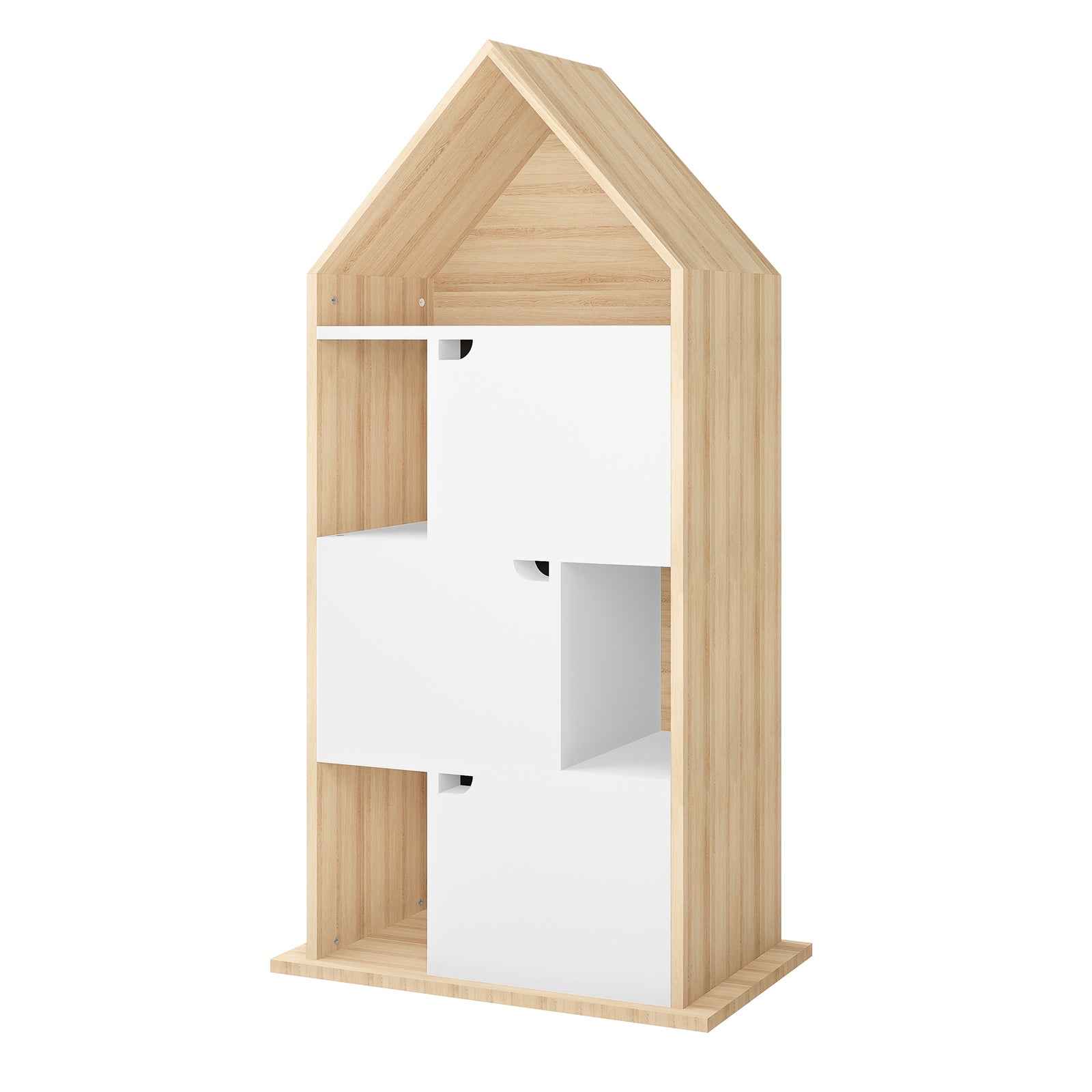 Quinta Bookshelf with Cabinet White & Natural features a house-like design with four cubby compartments, peaked roof, and a mix of open wood-finished and hidden white-panelled storage spaces.