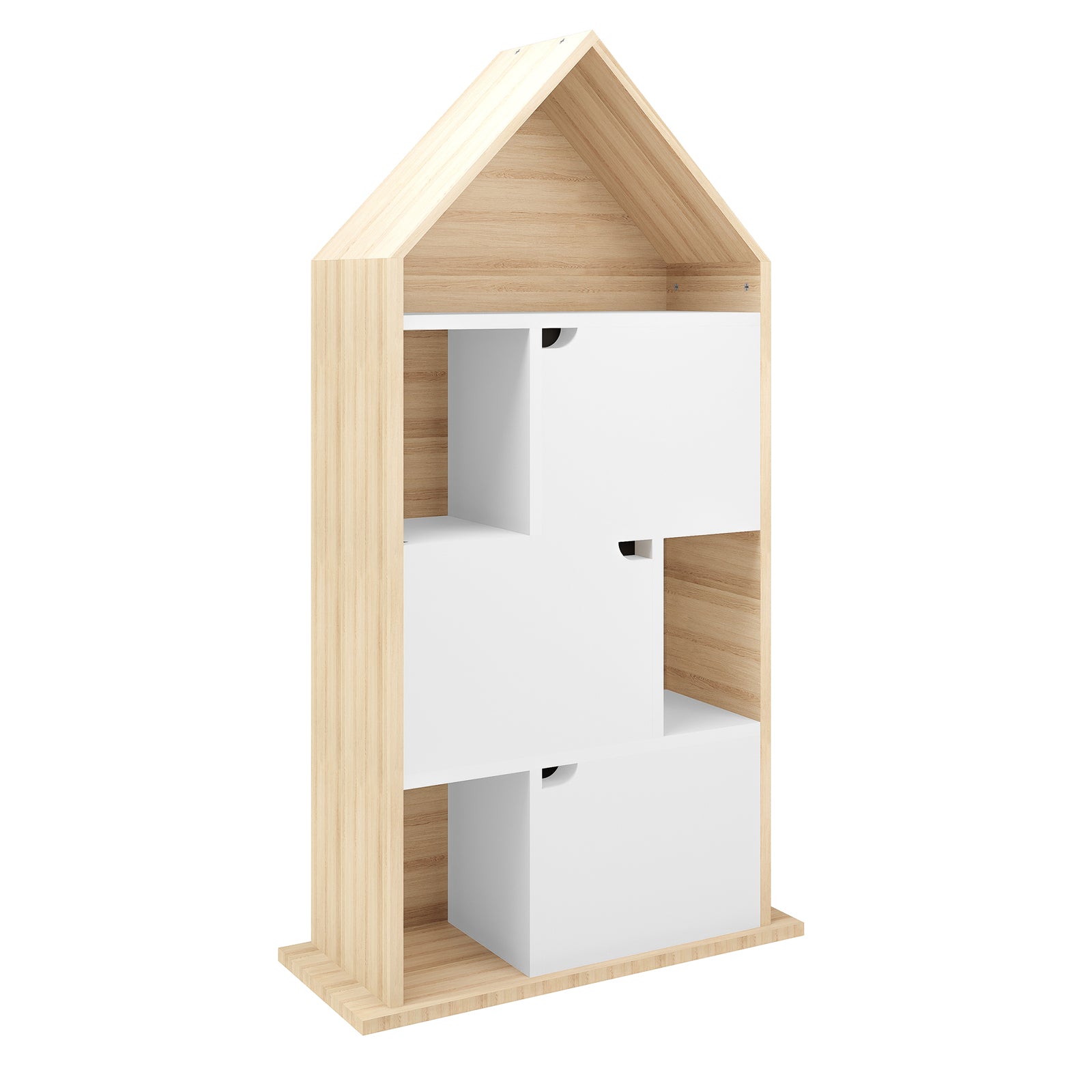 Quinta Bookshelf with Cabinet White & Natural: A house-shaped light-wood laminate shelving unit with three removable white box drawers, ideal for organizing toys, books, or storage in a child's room.