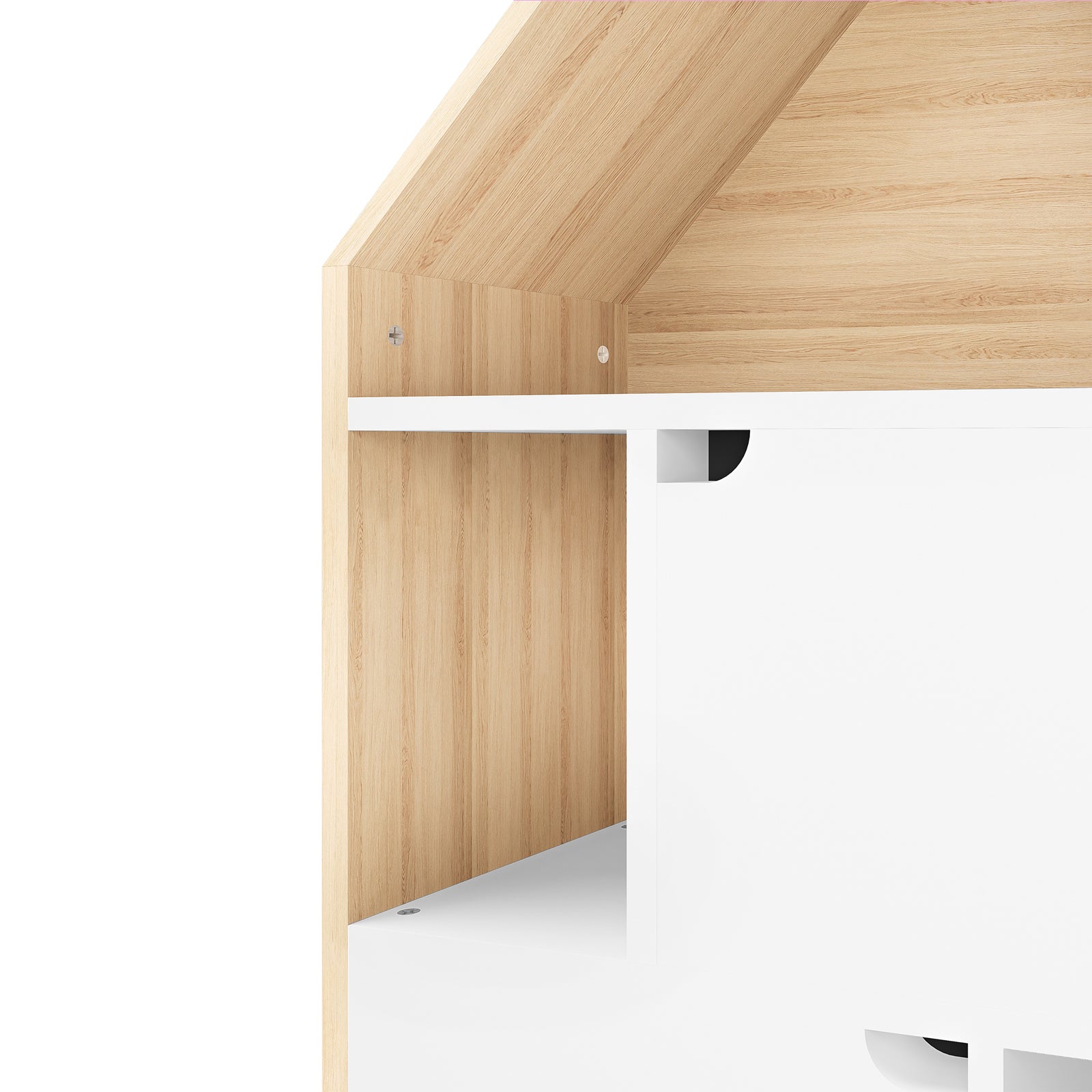 Quinta Bookshelf with Cabinet White & Natural featuring light-oak-style wooden panels, white shelf, and finger-pull drawers with a house-shaped side panel, designed for children's rooms.