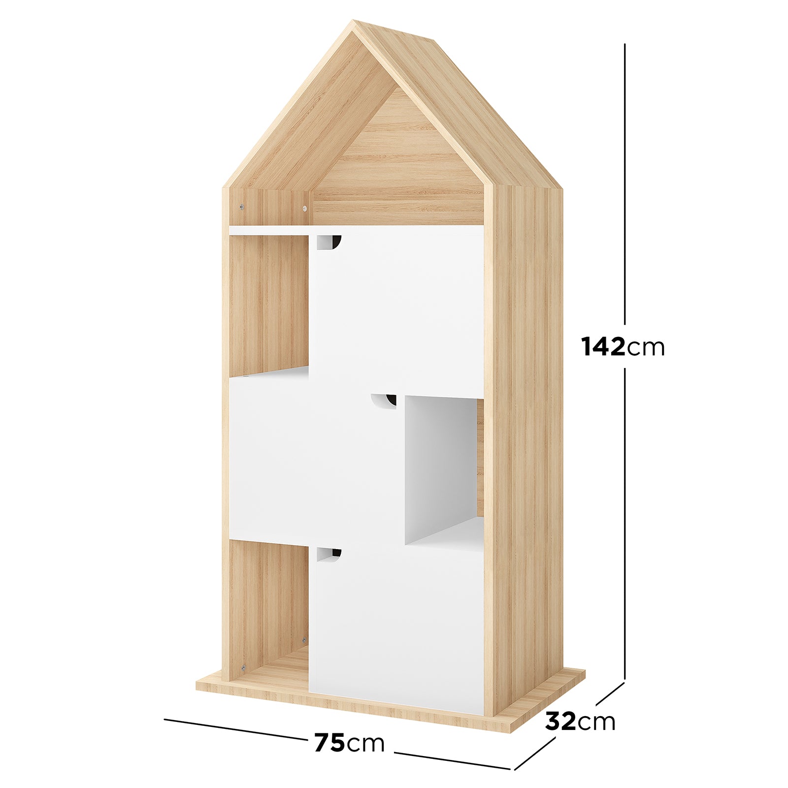 Quinta Bookshelf with Cabinet White & Natural features a house-shaped design, light wood material, four cubby compartments with two white panel doors, and a peaked roof silhouette.