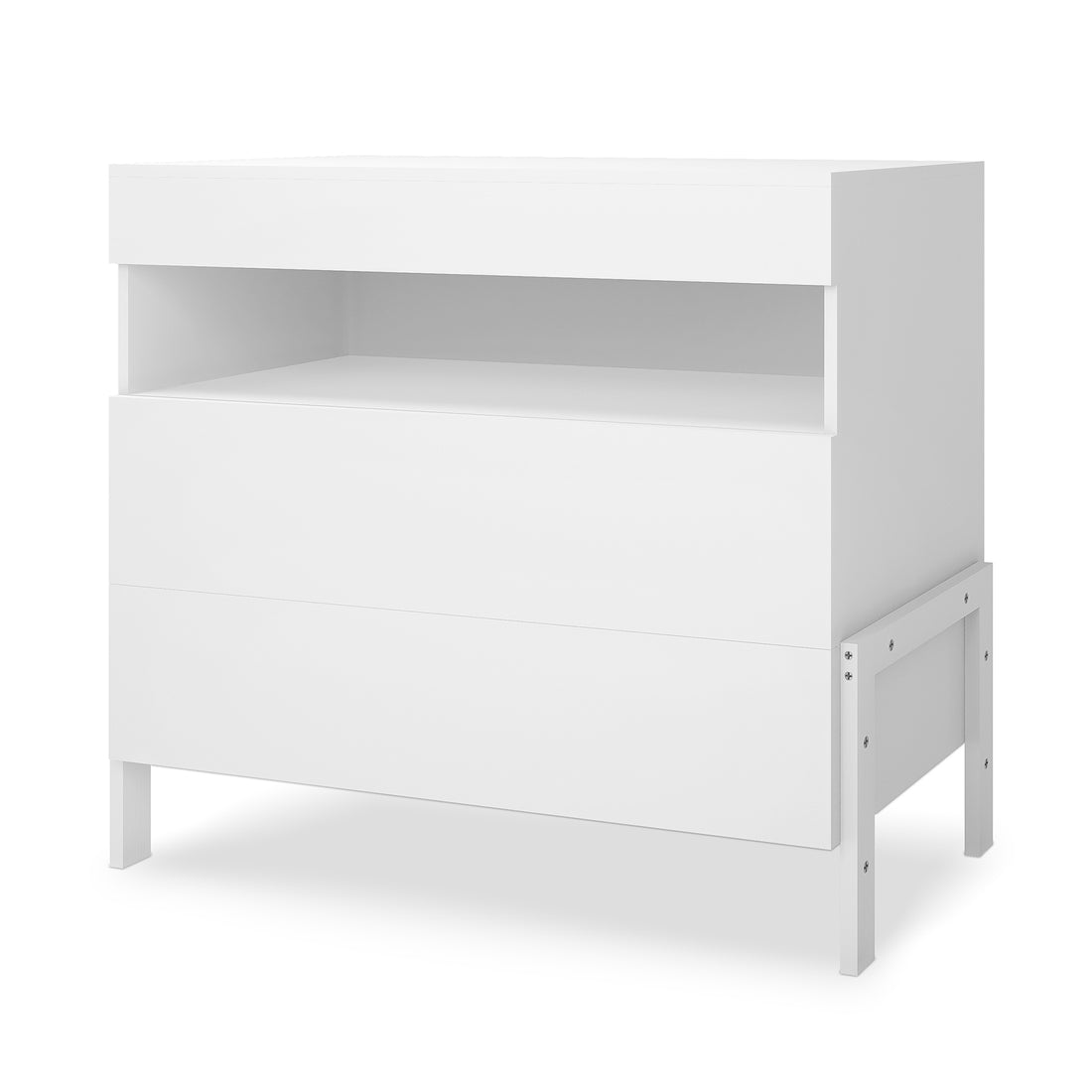 Quinta Tallboy Dresser with Drawers White features a modern two-drawer design with an open cubby above, perfect for organizing a child's room. This minimalist unit stands on short legs.