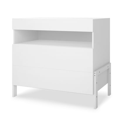 Quinta Tallboy Dresser with Drawers White features a modern two-drawer design with an open cubby above, perfect for organizing a child's room. This minimalist unit stands on short legs.