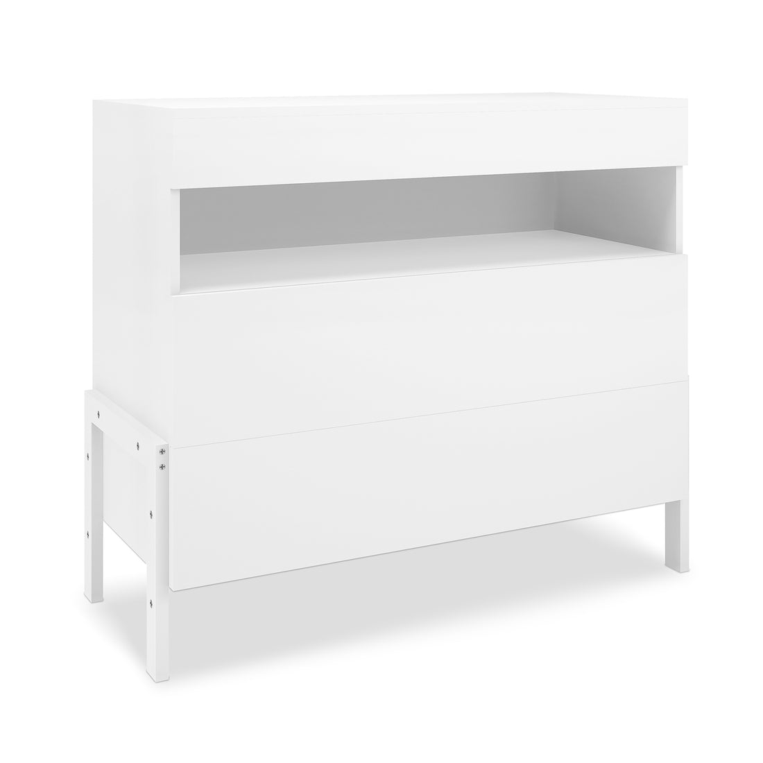 Quinta Tallboy Dresser with Drawers White: A minimalist, all-white storage unit featuring a flat top, single open shelf, and two large drawer fronts on rectangular legs, crafted for modern, tidy spaces.