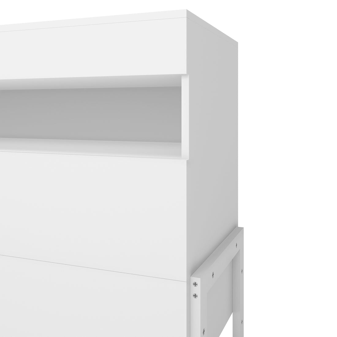 Quinta Tallboy Dresser with Drawers White, featuring clean lines and visible metal-screw fasteners, showcases an open shelf and sturdy construction, emphasizing its modular design and practicality for children's rooms.