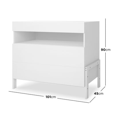 Quinta Tallboy Dresser with Drawers White features an open shelf, a large drawer-style compartment below, and four simple legs with side-bracing, measuring 101cm wide, 45cm deep, and 90cm tall.
