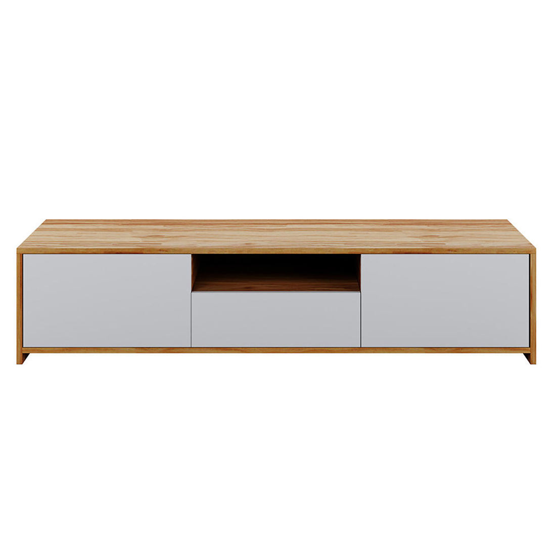 Rocco Entertainment Unit with Shelves - White: A sleek TV stand featuring a spacious open shelf, smooth-gliding drawer, and two enclosed compartments, perfect for modern and minimalist interiors.