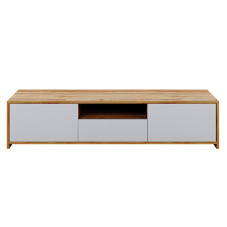 Rocco Entertainment Unit with Shelves - White: A sleek TV stand featuring a spacious open shelf, smooth-gliding drawer, and two enclosed compartments, perfect for modern and minimalist interiors.