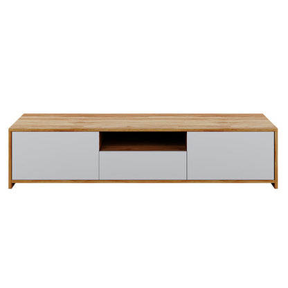 Rocco Entertainment Unit with Shelves - White: A sleek TV stand featuring a spacious open shelf, smooth-gliding drawer, and two enclosed compartments, perfect for modern and minimalist interiors.