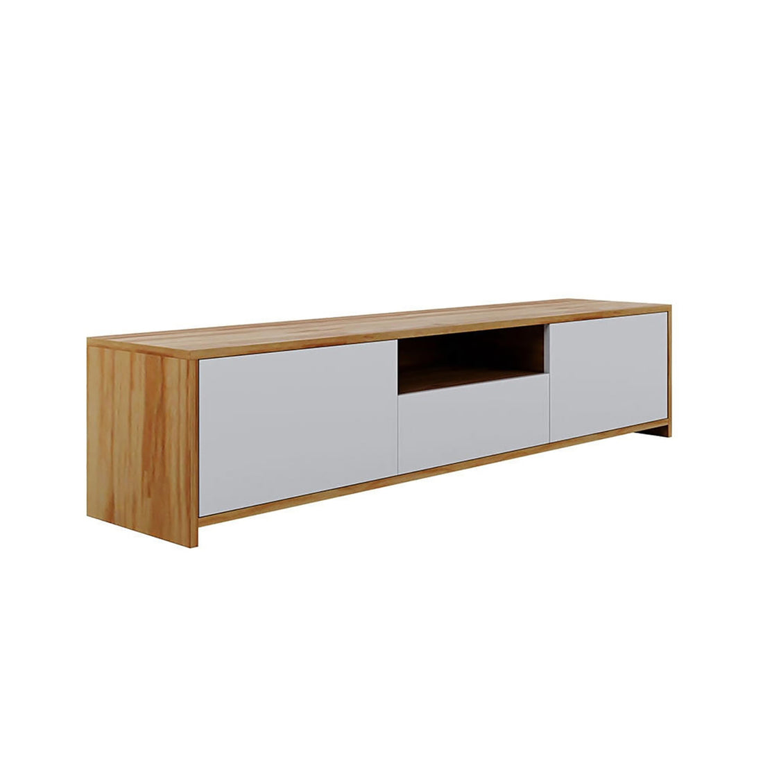 Rocco Entertainment Unit with Shelves in White, featuring a sleek design with light-toned wood, an open cubby shelf, central drawer, and two side compartments, perfect for modern living spaces.