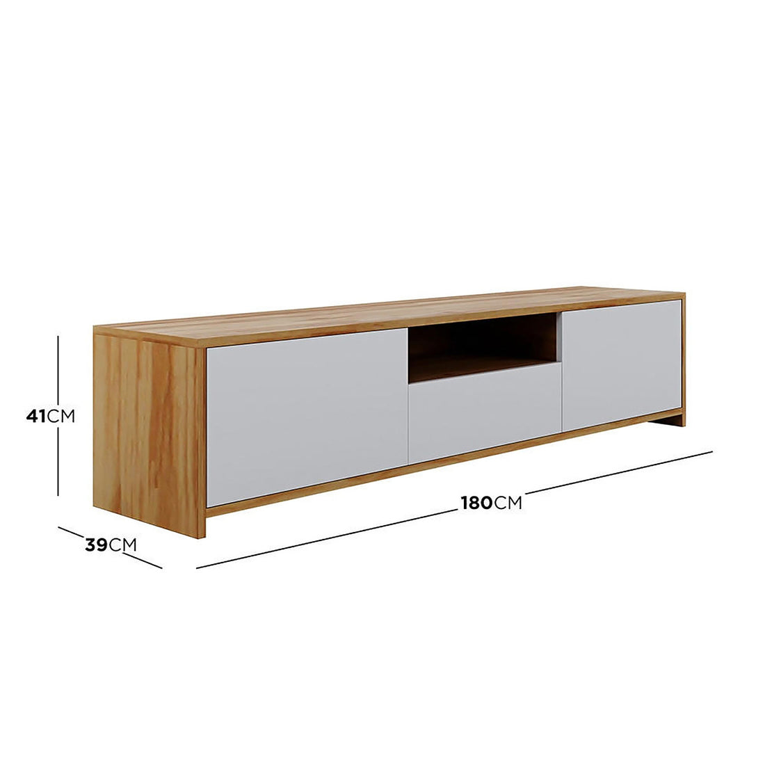 Rocco Entertainment Unit with Shelves in White, featuring a rectangular wooden cabinet with two white-fronted side cupboards, an open shelf, and a drawer, ideal for modern media organization.