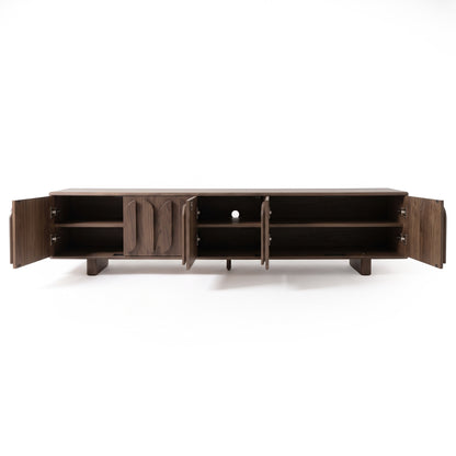 Dark wood credenza with all doors open on a white background