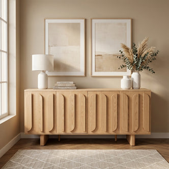Wooden sideboard styled in a modern living space with books, lamp, vase, and wall art