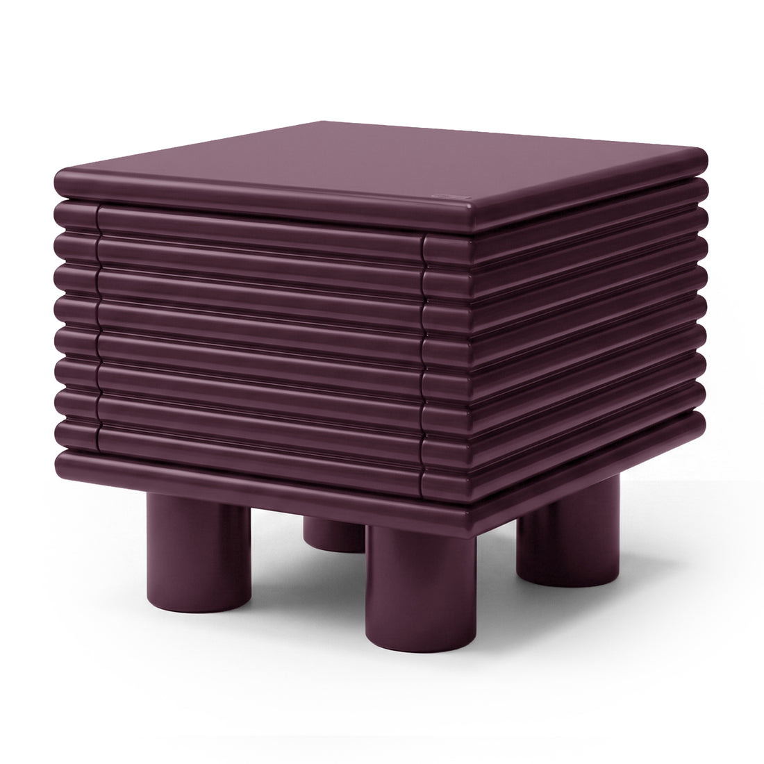 Modern plum ribbed side table on white background, full view