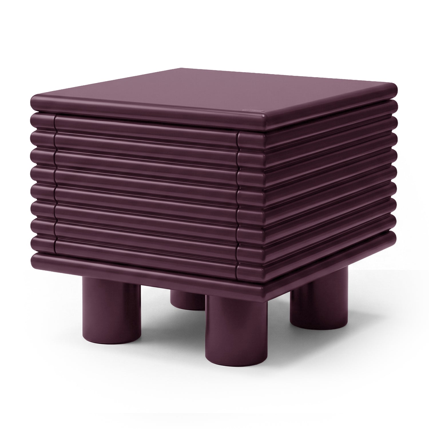 Modern plum ribbed side table on white background, full view