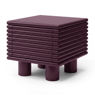 Modern plum ribbed side table on white background, full view