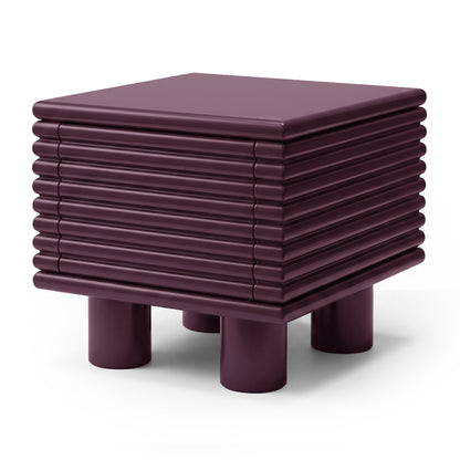Modern plum ribbed side table on white background, full view