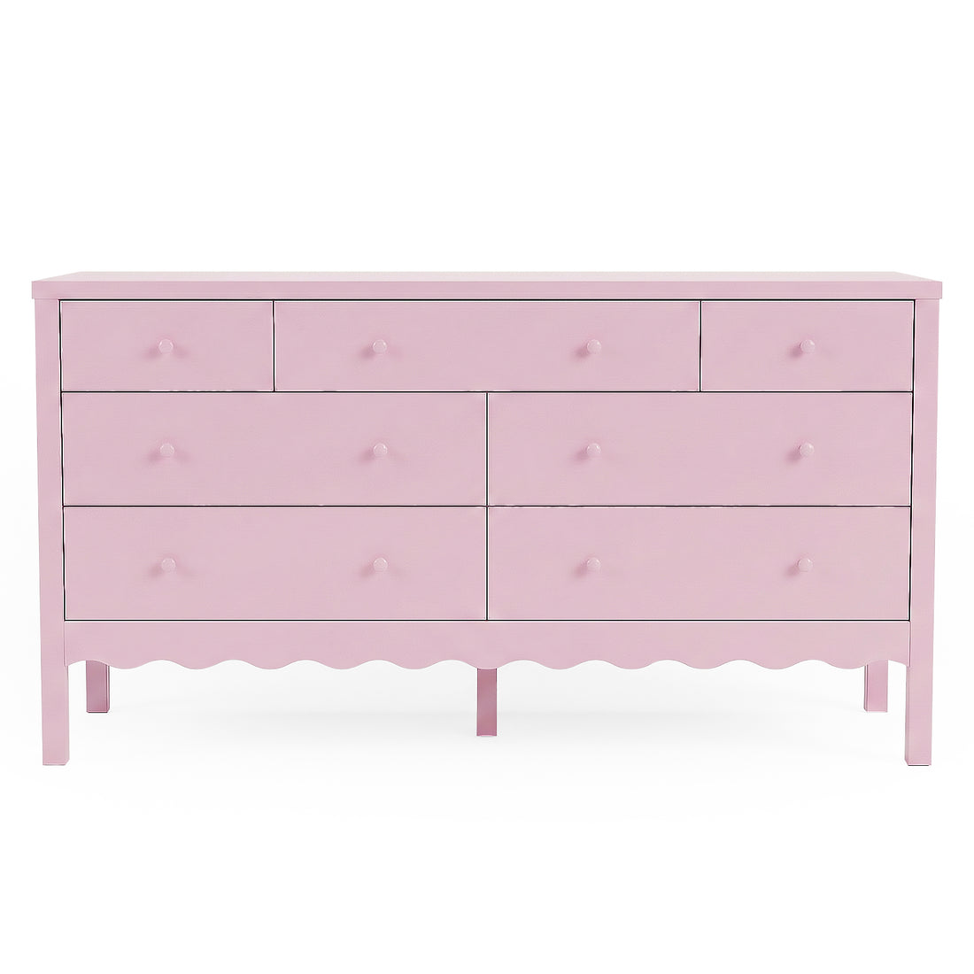 Pink dresser with eight drawers on white background