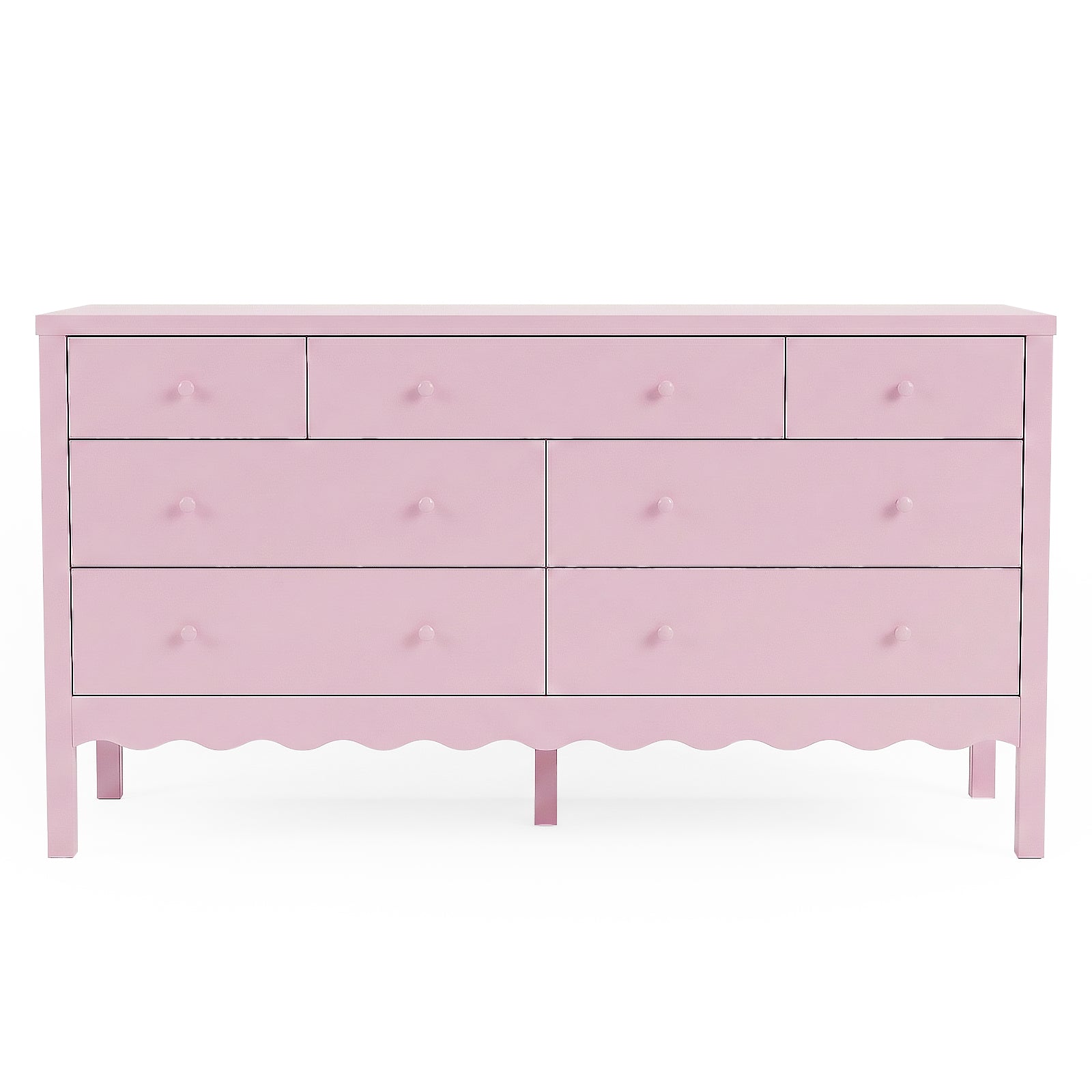 Pink dresser with eight drawers on white background