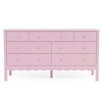 Pink dresser with eight drawers on white background