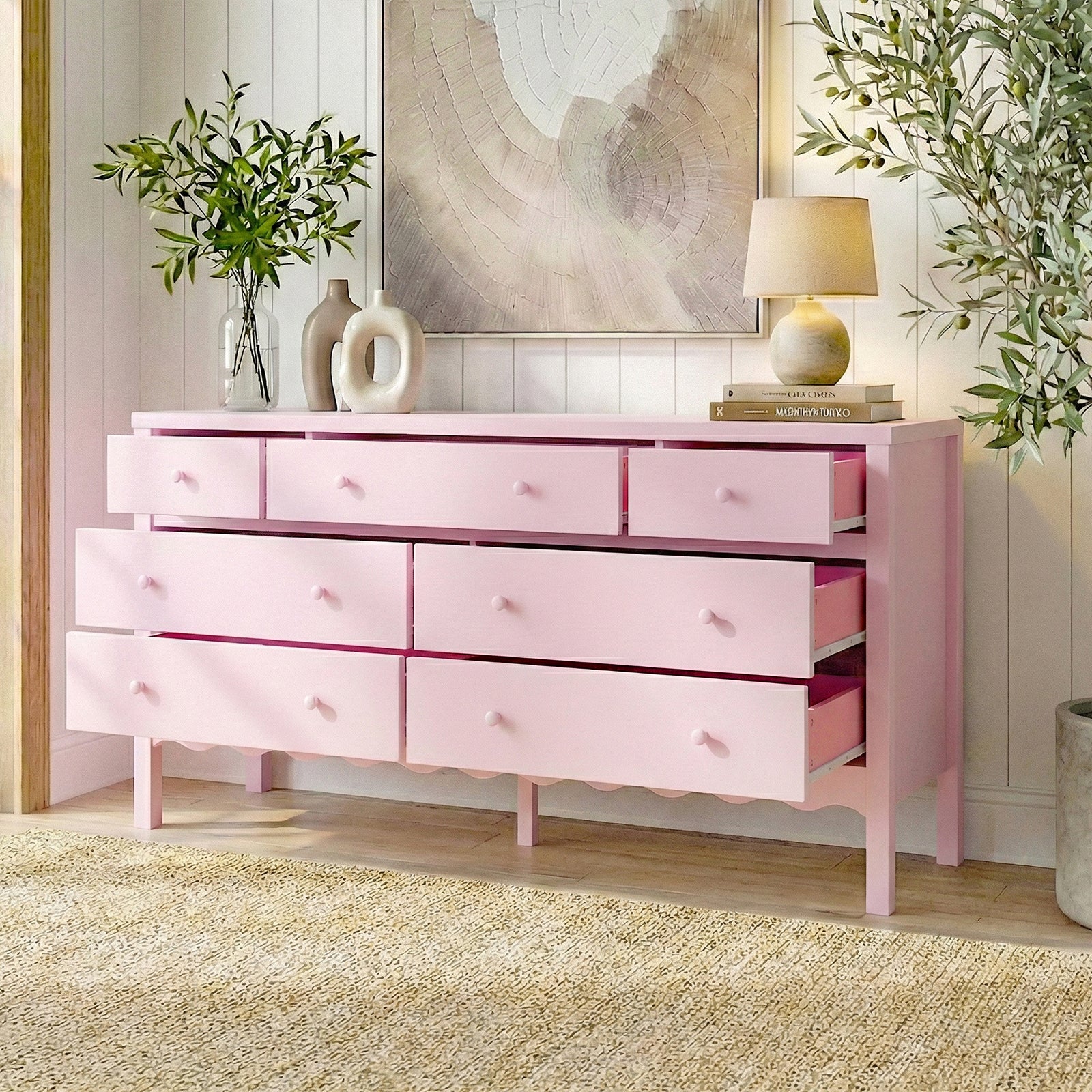 Serra 150cm Solid Pine 7-drawer Lowboy Dresser in Pink Luxo Living Serra 150cm Solid Pine 7-drawer Lowboy Dresser in Pink Luxo Living