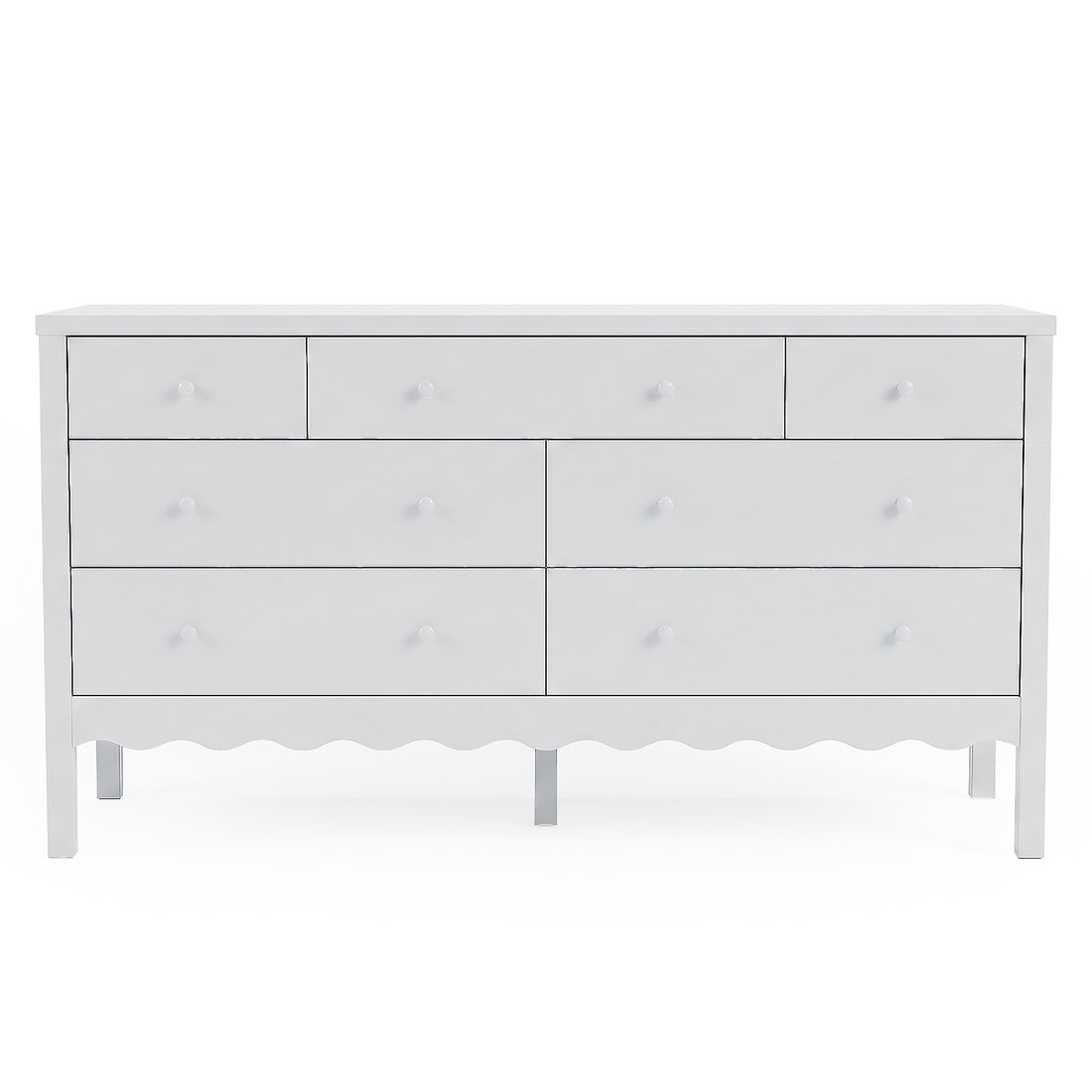Front-facing white seven-drawer dresser on white background
