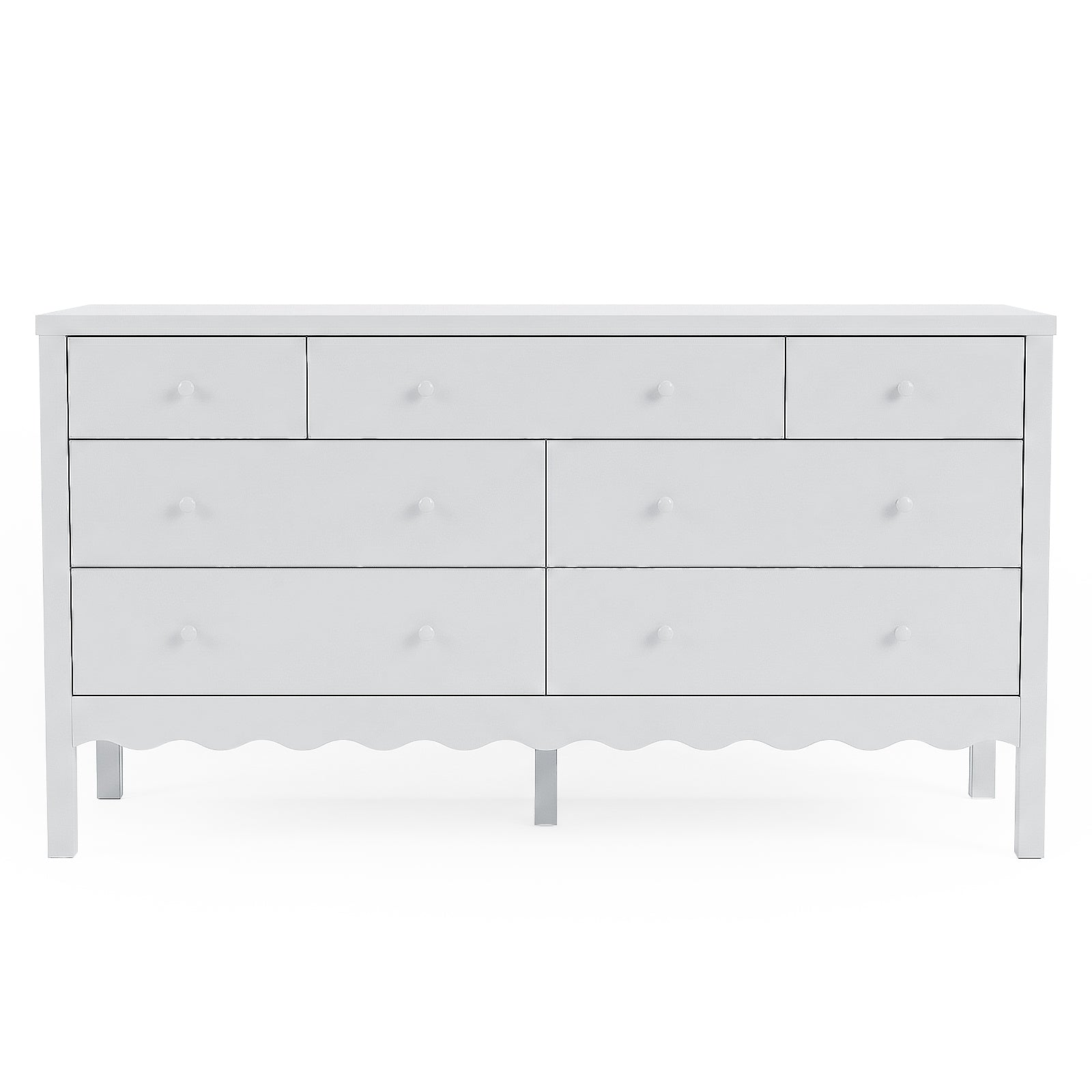 Front-facing white seven-drawer dresser on white background