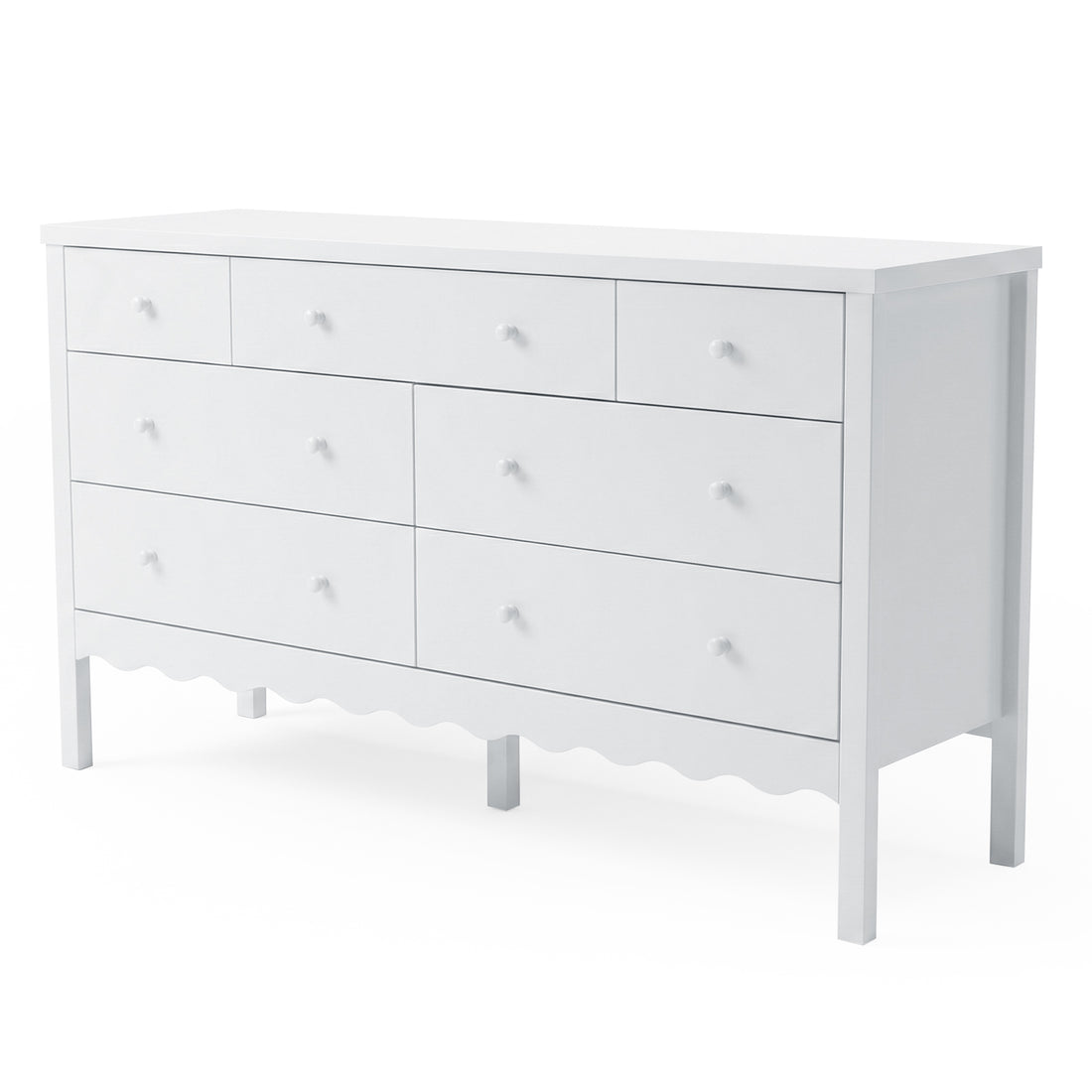Front view of nine-drawer white dresser on white background