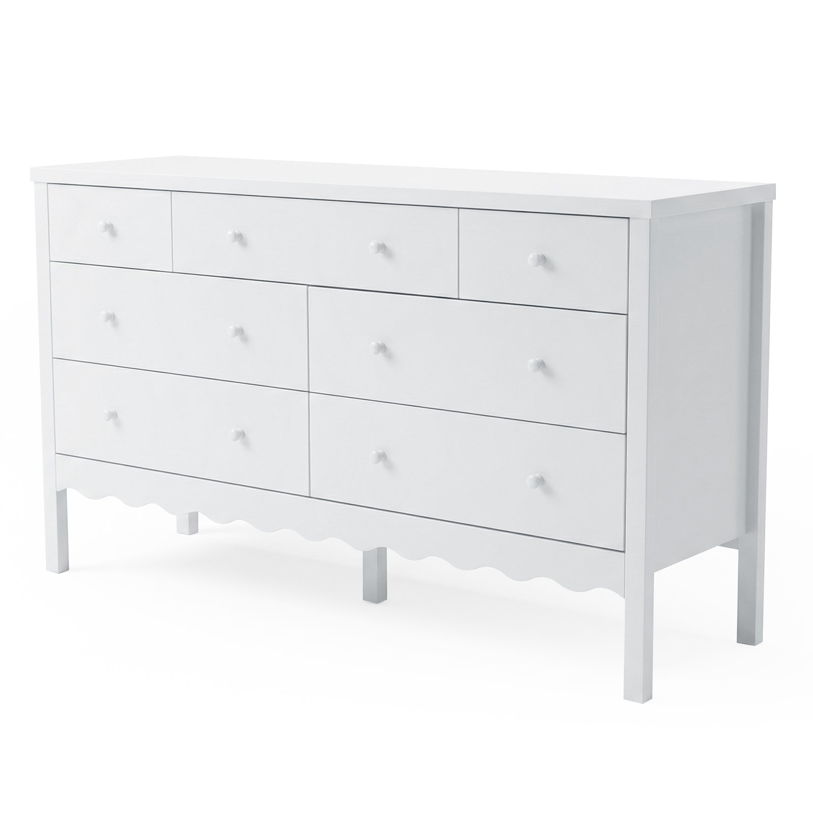 Front view of nine-drawer white dresser on white background