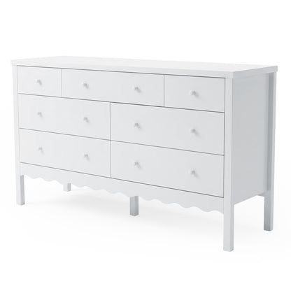 Front view of nine-drawer white dresser on white background