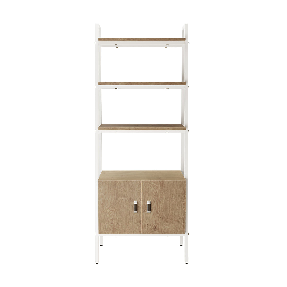 Shawn 183cm 4-Tier Display Bookshelf in Natural & White features a sleek white metal frame, three open light oak-style shelves, and a two-door wooden cabinet with simple metal handles at the base.