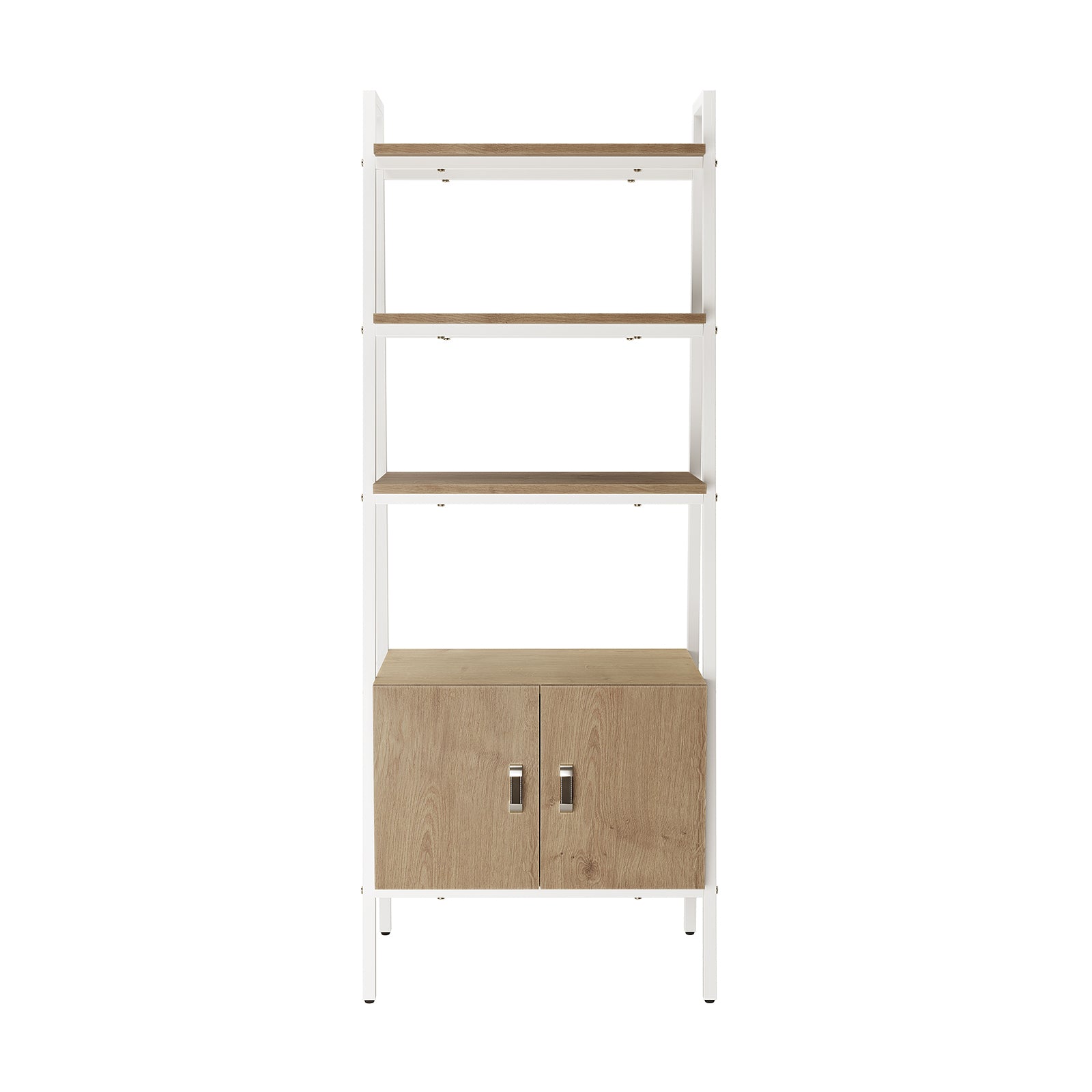 Shawn 183cm 4-Tier Display Bookshelf in Natural & White features a sleek white metal frame, three open light oak-style shelves, and a two-door wooden cabinet with simple metal handles at the base.