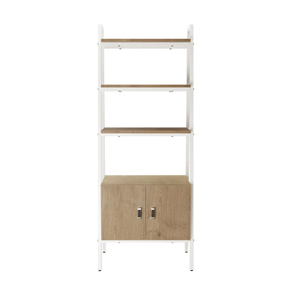 Shawn 183cm 4-Tier Display Bookshelf in Natural & White features a sleek white metal frame, three open light oak-style shelves, and a two-door wooden cabinet with simple metal handles at the base.