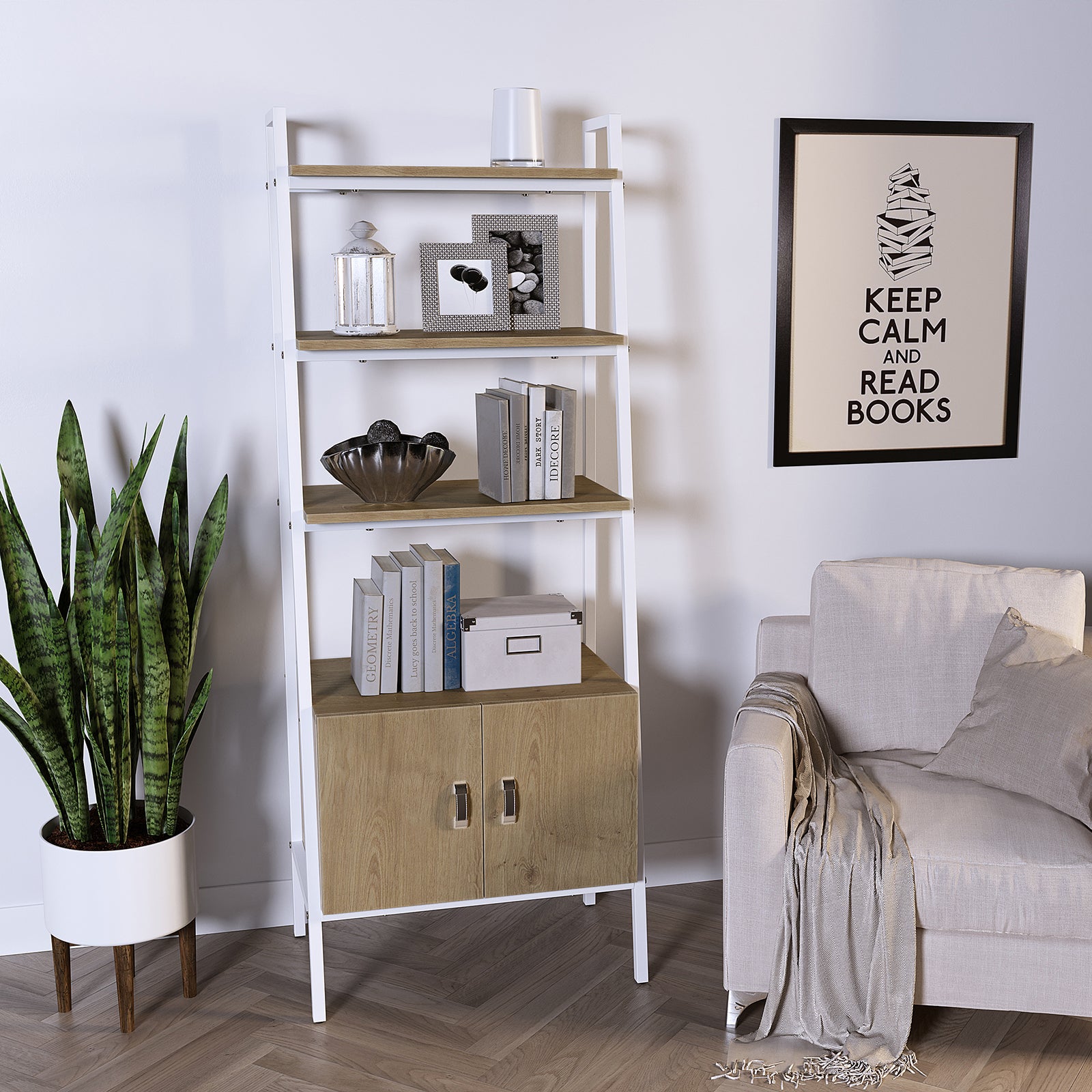 Shawn 183cm 4-Tier Display Bookshelf in Natural & White, featuring a white frame with wood shelves, leans against the wall, holding books, decor items, and a bottom cabinet with wood-grain doors.