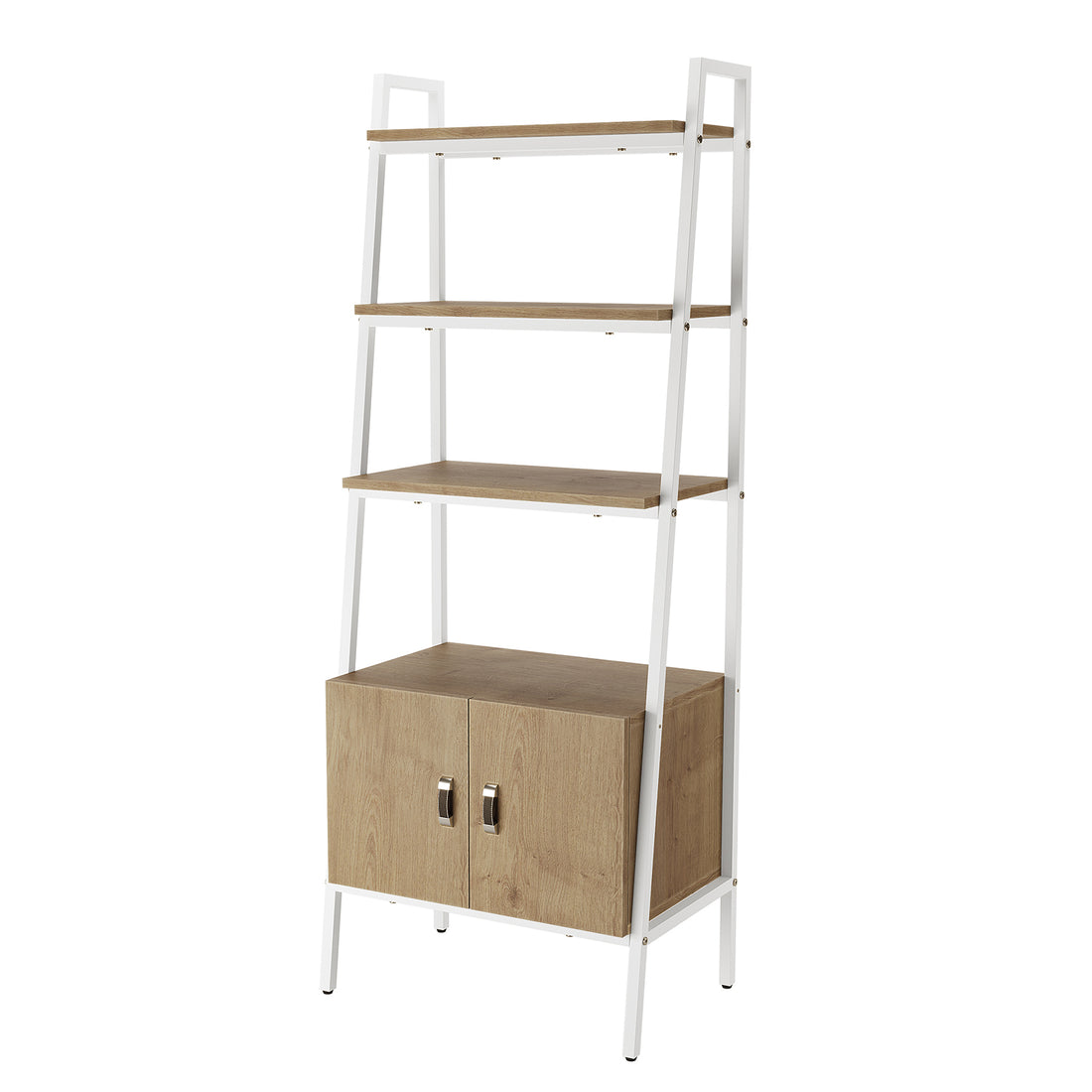 Shawn 183cm 4-Tier Display Bookcase in Natural & White features a leaning white metal frame, three light oak shelves, and a two-door cabinet below, perfect for stylish storage and display.
