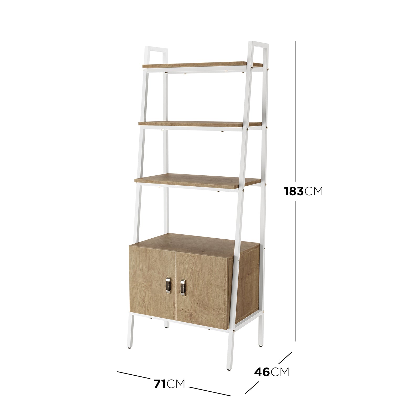 Shawn 183cm 4-Tier Display Bookshelf in Natural & White features white A-frame metal legs, three light oak shelves, and a base cabinet with metal handles, ideal for versatile room decor.