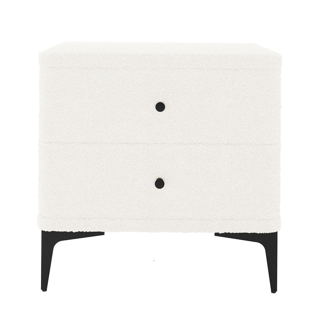 Shona Upholstered Boucle Bedside Table in Cream White, featuring two drawers with black knobs, upholstered in off-white bouclé fabric, on slender black metal legs, blending modern elegance and functionality.
