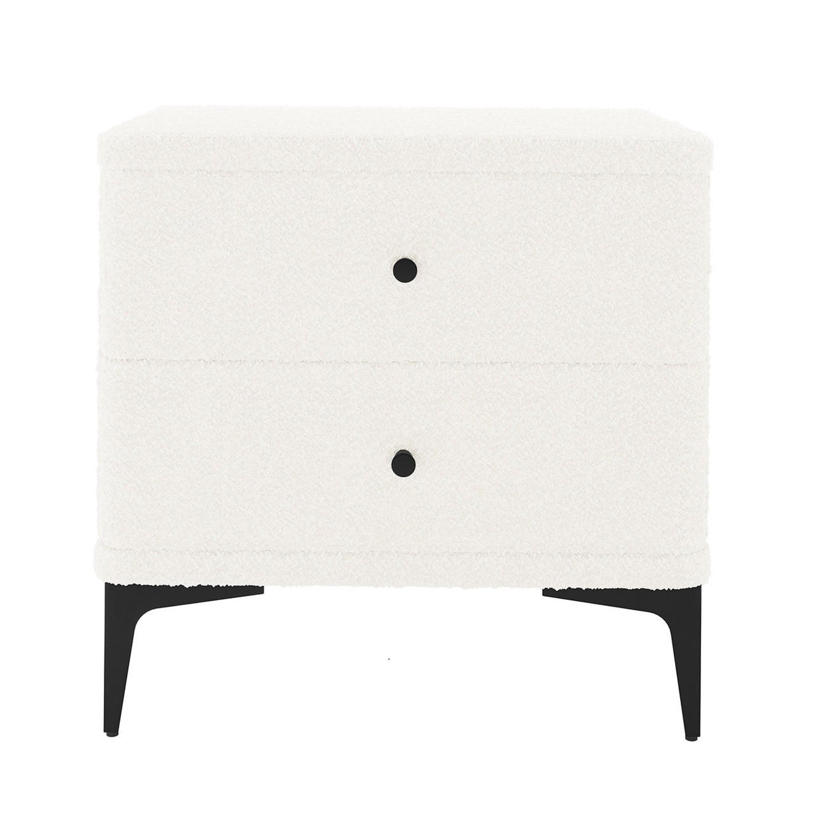Shona Upholstered Boucle Bedside Table in Cream White, featuring two drawers with black knobs, upholstered in off-white bouclé fabric, on slender black metal legs, blending modern elegance and functionality.