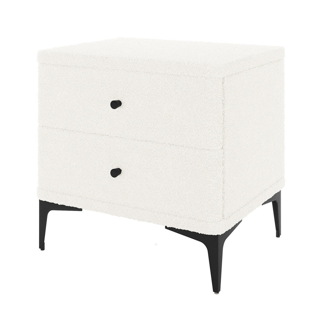 Shona Upholstered Boucle Bedside Table in Cream White featuring two drawers, wrapped in luxurious bouclé fabric, with sleek black metal legs for a modern, elegant look.