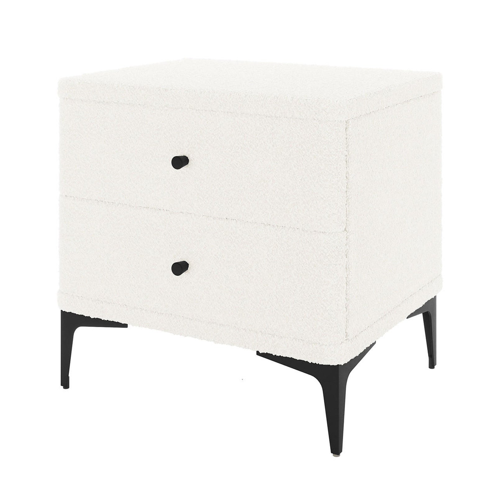 Shona Upholstered Boucle Bedside Table in Cream White featuring two drawers, wrapped in luxurious bouclé fabric, with sleek black metal legs for a modern, elegant look.