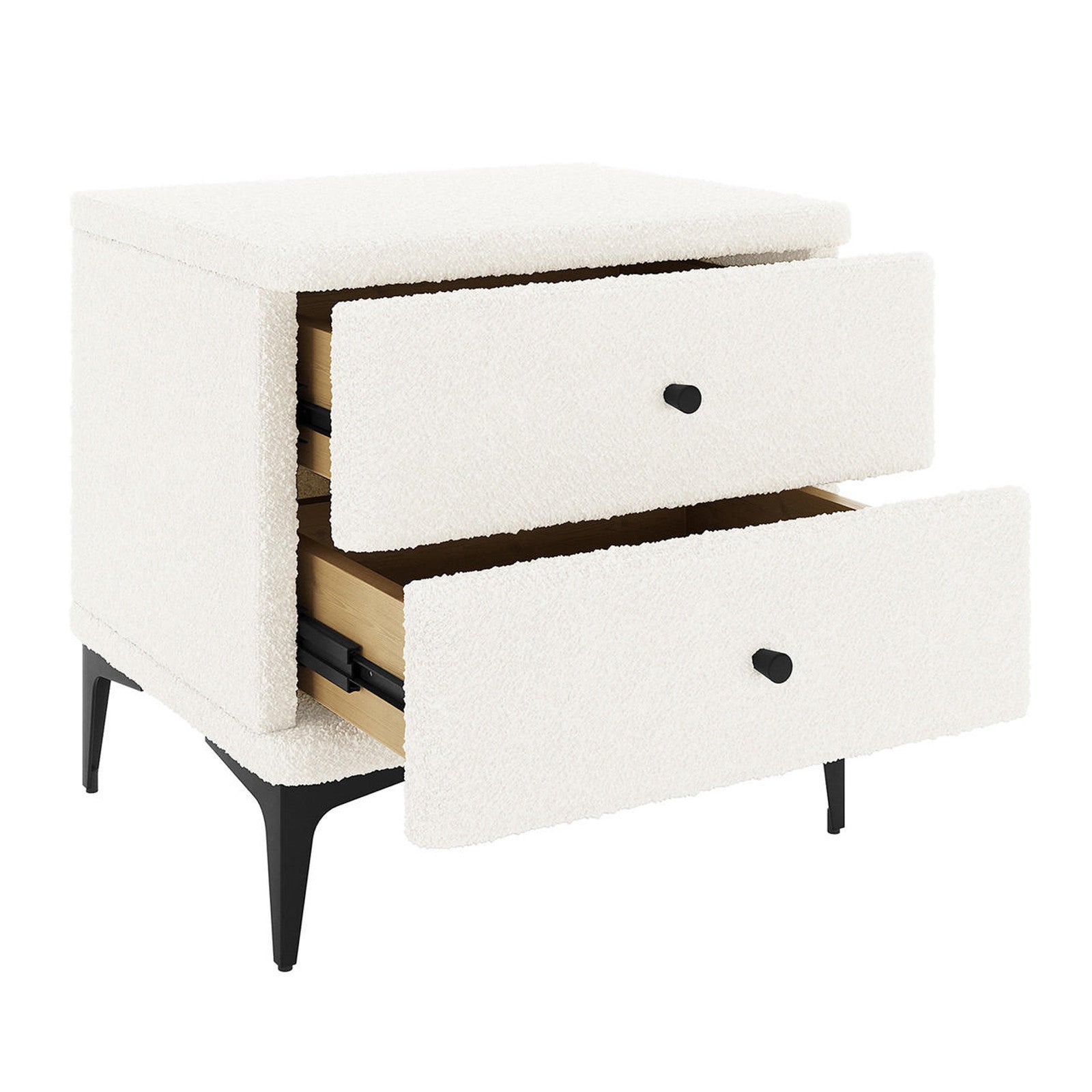 Shona Upholstered Boucle Bedside Table in Cream White with two partially open drawers, textured upholstery, black cylindrical knobs, and slim black metal legs, showcasing modern elegance and practicality.