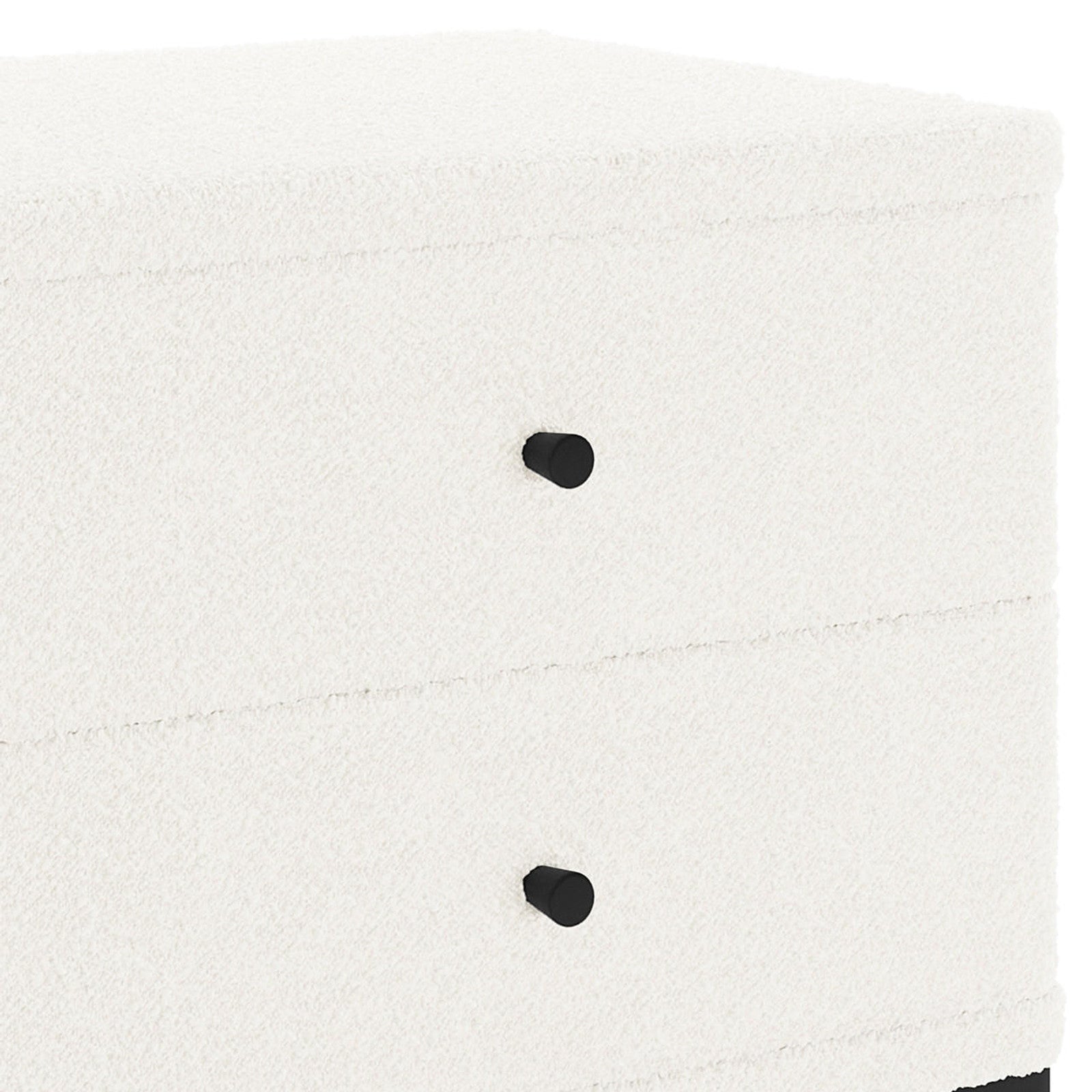 Shona Upholstered Boucle Bedside Table in Cream White, featuring two drawers with off-white bouclé fabric fronts and short black knobs, showcasing modern elegance and practicality for bedroom storage.