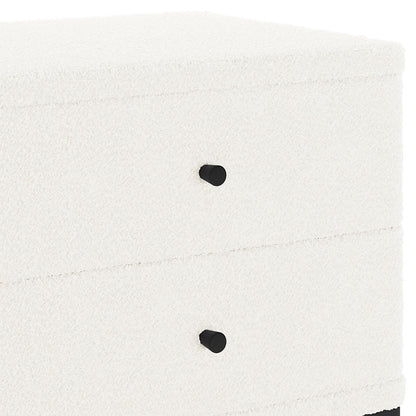 Shona Upholstered Boucle Bedside Table in Cream White, featuring two drawers with off-white bouclé fabric fronts and short black knobs, showcasing modern elegance and practicality for bedroom storage.