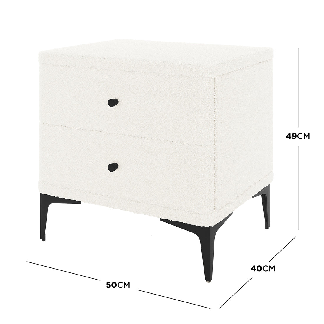 Shona Upholstered Boucle Bedside Table in Cream White, featuring two drawers with black knobs, slender black metal legs, and a textured off-white fabric, dimensions 50x40x49 cm.