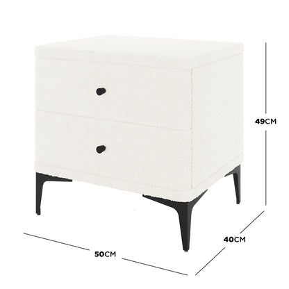 Shona Upholstered Boucle Bedside Table in Cream White, featuring two drawers with black knobs, slender black metal legs, and a textured off-white fabric, dimensions 50x40x49 cm.