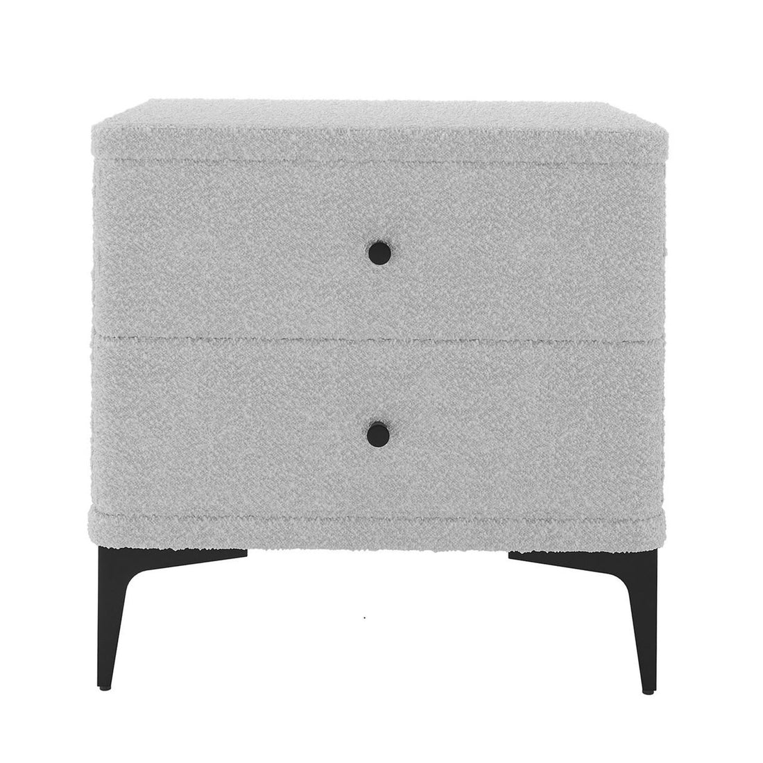 Shona Upholstered Boucle Bedside Table in Grey features a modern design with two drawers, round black pulls, and slender black metal legs, fully upholstered in boucle fabric for an elegant touch.